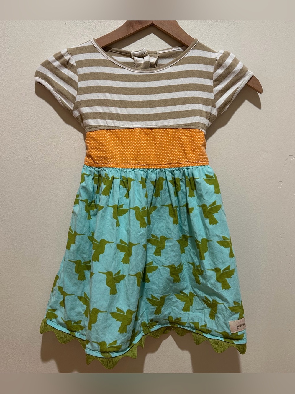 Persnickety Green, Blue & Orange Hummingbird Dress - Girl’s Size 4 Years Old